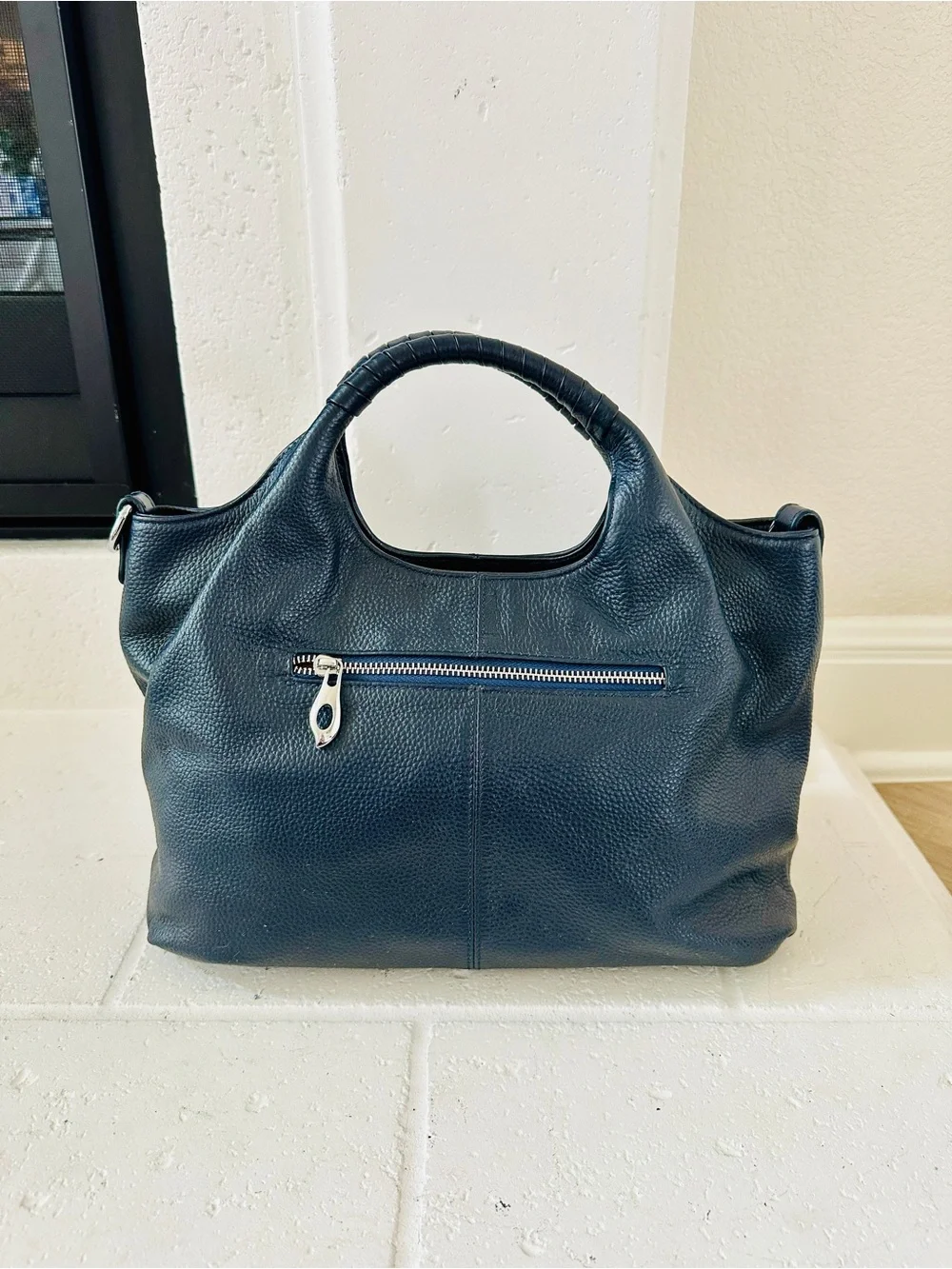 Iswee Textured Navy Genuine Leather Tote with Wrapped Top Handle - Picture 2 of 13